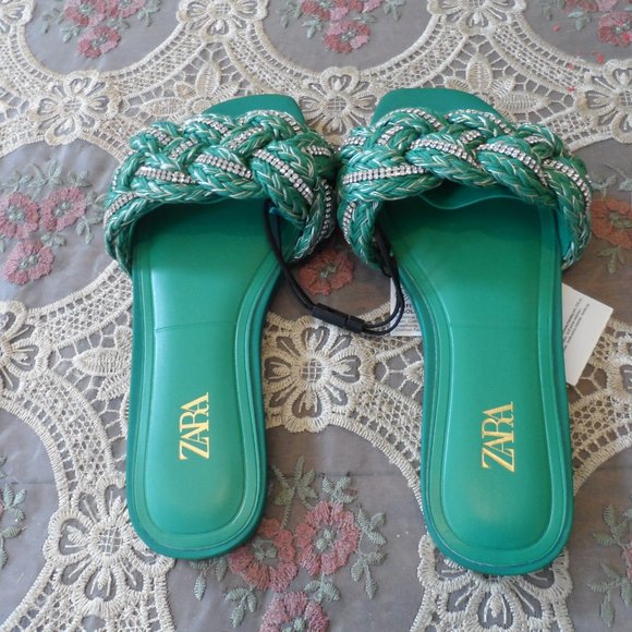 New Zara Green Woven Rhinestone Slip On Sandals Size 6M - Picture 3 of 14